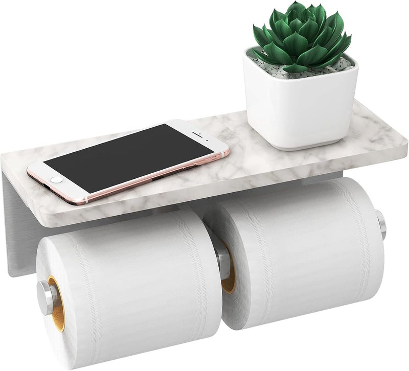 Gypie Brushed Nickel Toilet Paper Holder with Shelf, New Upgrade Double Toilet Paper Holder with Storage, Marble Roll Toilet Paper Wall Mount for Bathroom Washroom - Image 1